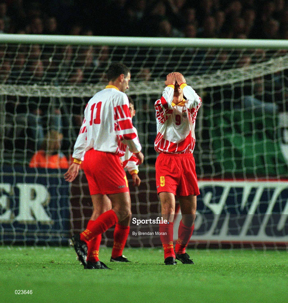 9 October 1996; Gjorgji Hristov, right, of Macedonia agonises over a missed chance during the FIFA World Cup 1998 Group 8 Qualifier match between Republic of Ireland and Macedonia at Lansdowne Road in Dublin. Photo by Brendan Moran/Sportsfile