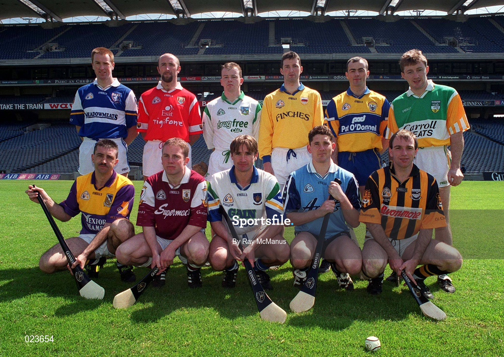 20 May 1999; Hurlers in attendance at the announcement by Guinness Ireland of their continued sponsorship of the All Ireland Hurling Championship are; back row, from left, Niall Rigney of Laois, Brian Corcorcan of Cork, Joe Quaid of Limerick, Brendan Cummins of Tipperary, Anthony Daly of Clare, and Brian Whelahan of Offaly. Front Row; Martin Storey of Wexford, Kevin Broderick of Galway, Tony Browne of Waterford, Conor McCann of Dublin, and DJ Carey of Kilkenny. Croke Park, Dublin. Photo by Ray McManus/Sportsfile
