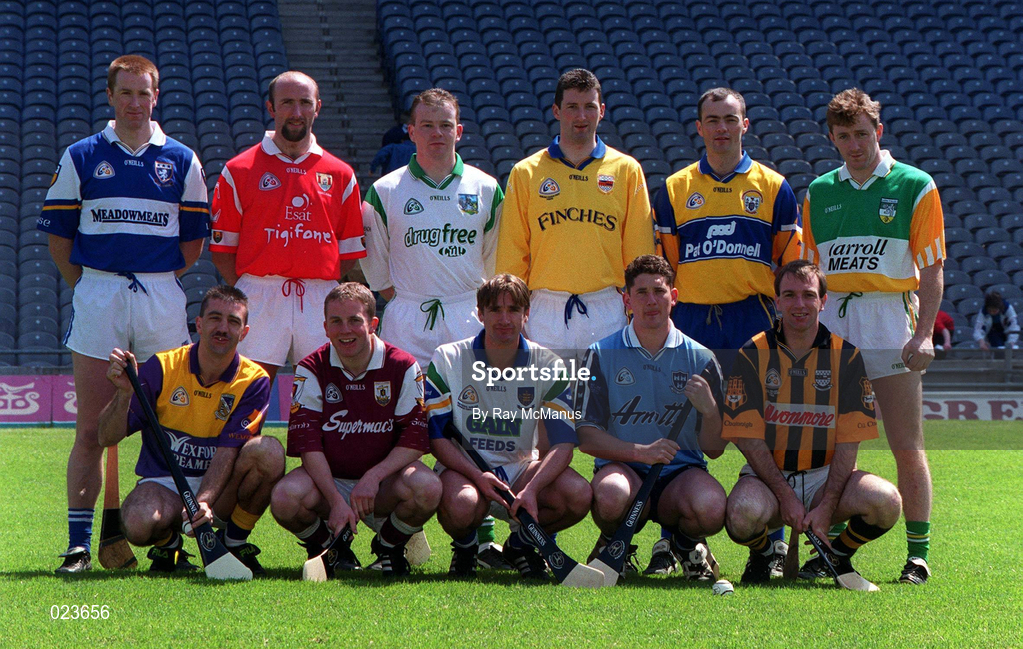 20 May 1999; Hurlers in attendance at the announcement by Guinness Ireland of their continued sponsorship of the All Ireland Hurling Championship are; back row, from left, Niall Rigney of Laois, Brian Corcorcan of Cork, Joe Quaid of Limerick, Brendan Cummins of Tipperary, Anthony Daly of Clare, and Brian Whelahan of Offaly. Front Row; Martin Storey of Wexford, Kevin Broderick of Galway, Tony Browne of Waterford, Conor McCann of Dublin, and DJ Carey of Kilkenny. Croke Park, Dublin. Photo by Ray McManus/Sportsfile