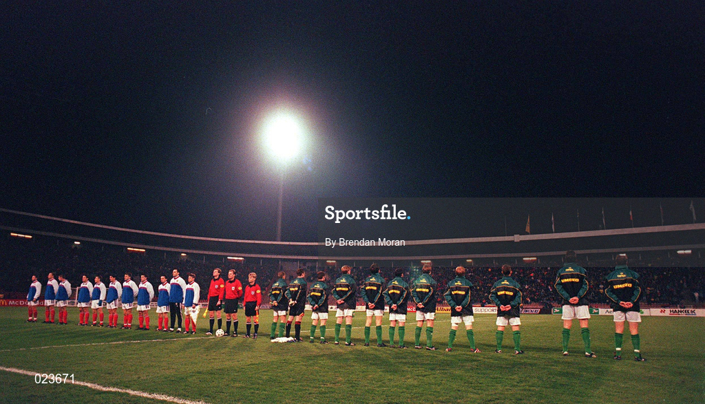 18 November 1998; The Republic of Ireland team stand for the National Anthem before the UEFA Euro 2000 Group 8 Qualifier match between Yugoslavia and Republic of Ireland at the Red Star Stadium in Belgrade, Yugoslavia. Photo by Brendan Moran/Sportsfile