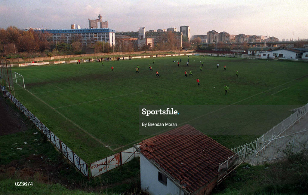 17 November 1998; The Republic of Ireland team training, with the Belgrade city in the background, during a Republic of Ireland Training Session at Radnitchi Stadium in Belgrade, Yugoslavia. Photo By Brendan Moran/Sportsfile