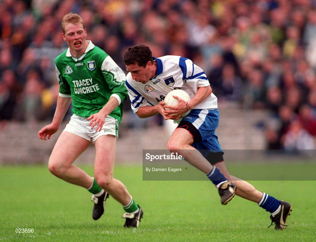 30 May 1999; Joe Coyle of Monaghan in action against Liam McBarron of Fermanagh during the Bank of Ireland Ulster Senior Football Championship Preliminary Round match between Monaghan and Fermanagh at St Tiernach's Park in Clones, Monaghan. Photo by Damien Eagers/Sportsfile