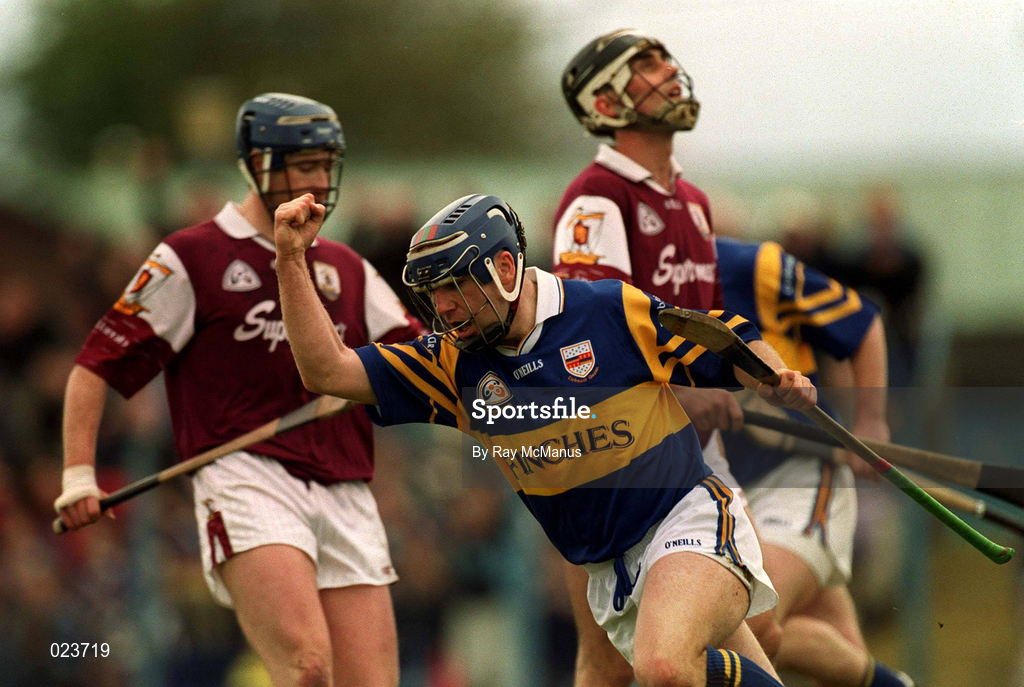 16 May 1999; John Leahy of Tippeary celebrates scoring his side's first goal during the Church & General National Hurling League Division 1 Final match between Galway and Tipperary at Cusack Park in Ennis, Clare. Photo by Ray McManus/Sportsfile