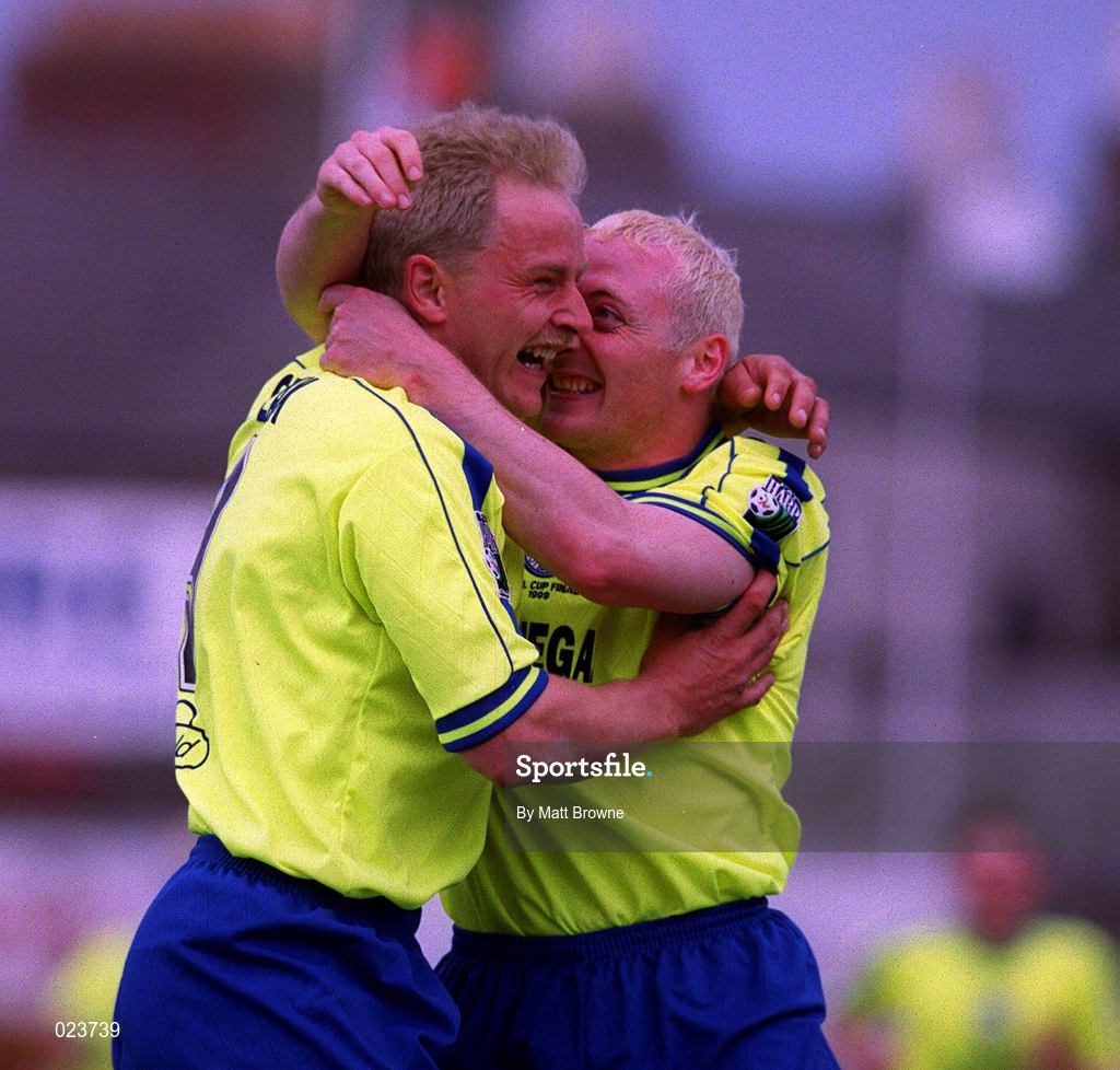 15 May 1999; Jonathan Speak of Finn Harps celebrates his side's first goal with team-mate James Mulligan during the FAI Cup Final Replay match between Bray Wanderers and Finn Harps at Tolka Park in Dublin. Photo by Matt Browne/Sportsfile