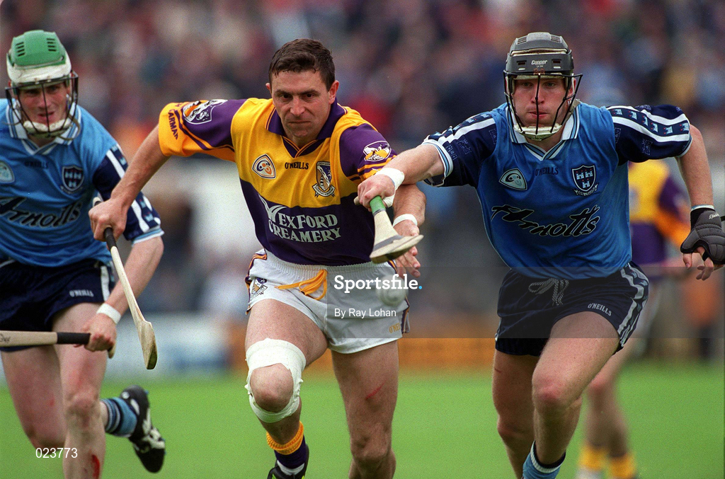 30 May 1999; Larry O'Gorman of Wexford in action against Shane Ryan of Dublin, right, during the Guinness Leinster Senior Hurling Championship Quarter-Final match between Dublin and Wexford at Nowlan Park in Kilkenny. Photo by Ray Lohan/Sportsfile