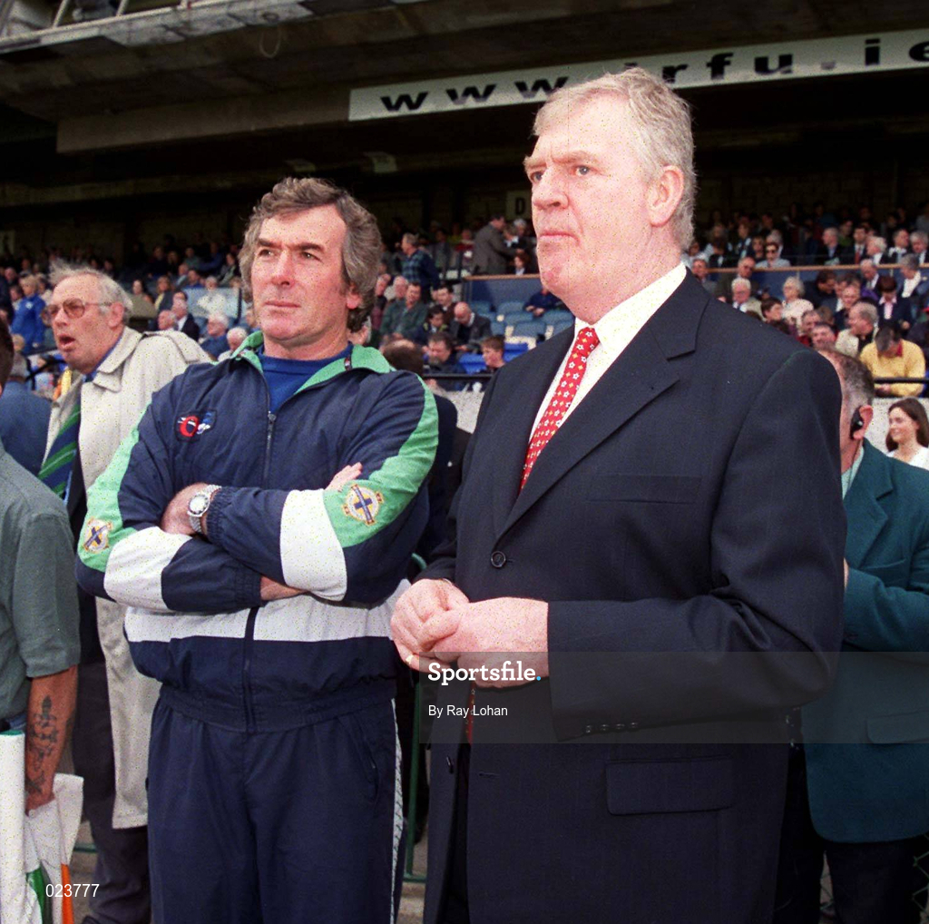 29 May 1999; Northern Ireland manager Lawrie McMenemy, right, with coach Pat Jennings before the International Friendly match between Republic of Ireland and Northern Ireland at Lansdowne Road in Dublin. Photo by Ray Lohan/Sportsfile