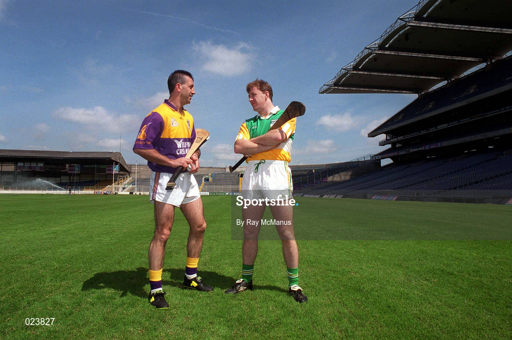 20 May 1999; Wexford hurler Martin Storey and Offaly hurler Brian Whelahan in attendance at the announcement by Guinness Ireland of their continued sponsorship of the All Ireland Hurling Championship at Croke Park, Dublin. Photo by Ray McManus/Sportsfile