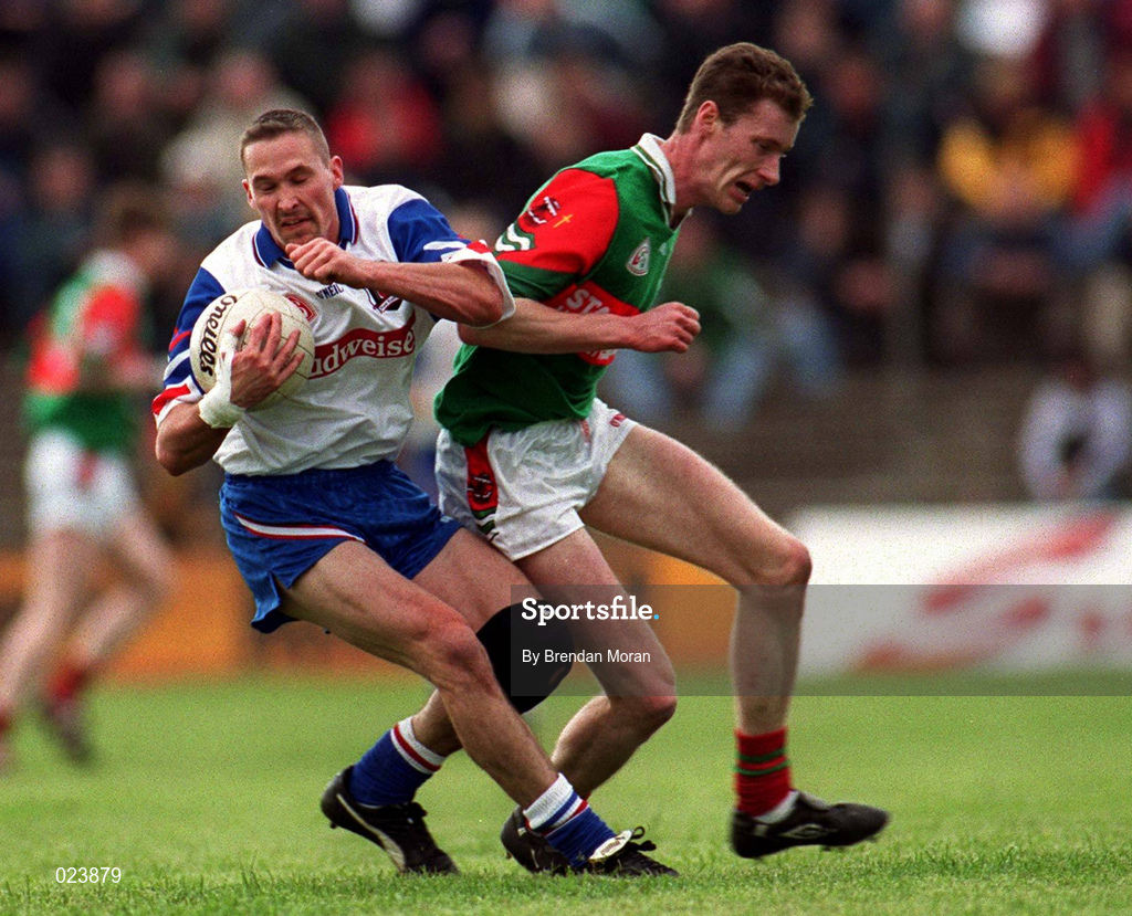 29 May 1999; Neville Dunne of New York in action against James Nallen of Mayo during the Bank of Ireland Connacht Senior Football Championship Quarter-Final match between Mayo and New York at MacHale Park in Castlebar, Mayo. Photo by Brendan Moran/Sportsfile