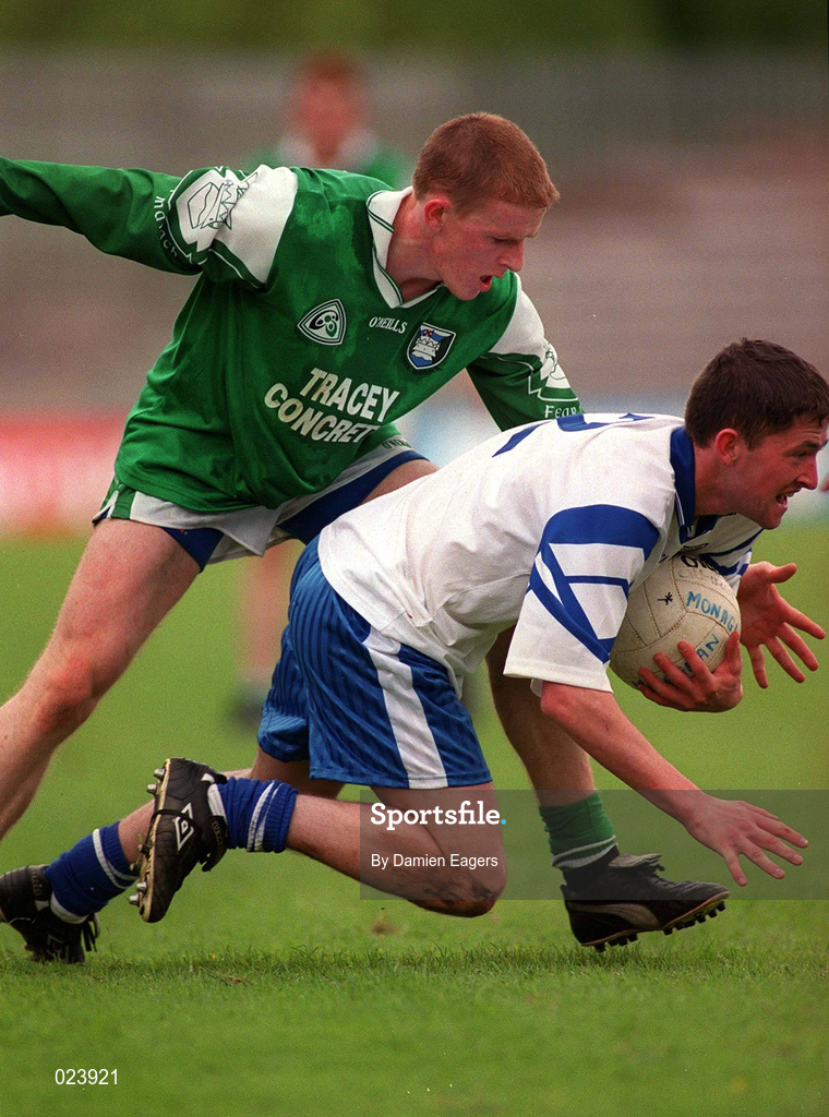 30 May 1999; Padraig McKenna of Monaghan in action against Tom Brewster of Fermanagh during the Bank of Ireland Ulster Senior Football Championship Preliminary Round match between Monaghan and Fermanagh at St Tiernach's Park in Clones, Monaghan. Photo by Damien Eagers/Sportsfile