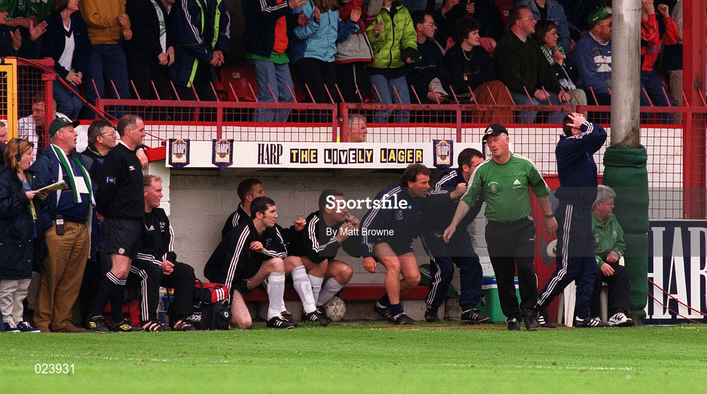 15 May 1999; The Bray Wanderers bench including manager Par Devlin, third from right, looks on as his side miss another chance during the FAI Cup Final Replay match between Bray Wanderers and Finn Harps at Tolka Park in Dublin. Photo by Matt Browne/Sportsfile