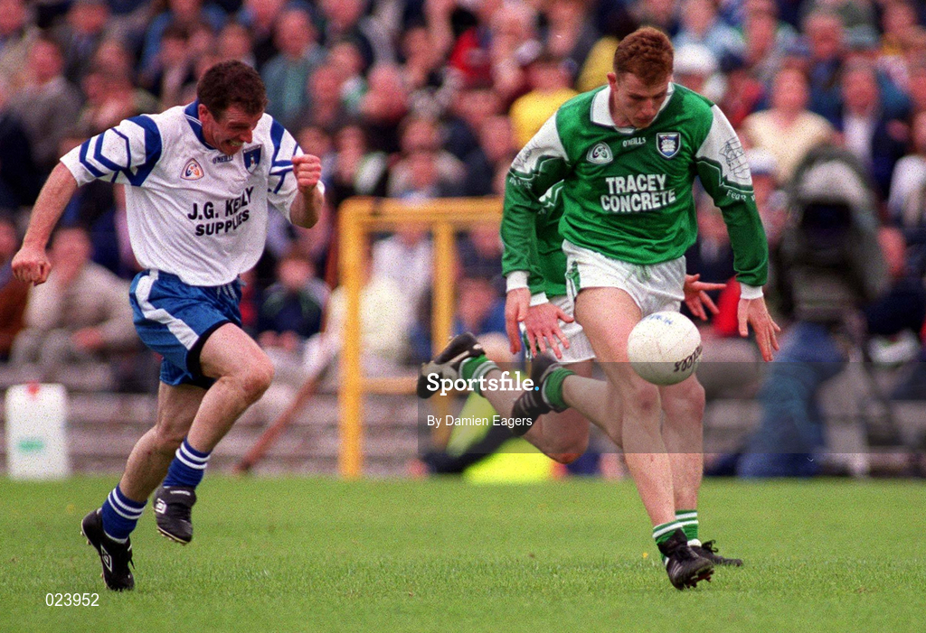 30 May 1999; Paul Brewster of Fermanagh in action against Peter Duffy of Monaghan during the Bank of Ireland Ulster Senior Football Championship Preliminary Round match between Monaghan and Fermanagh at St Tiernach's Park in Clones, Monaghan. Photo by Damien Eagers/Sportsfile