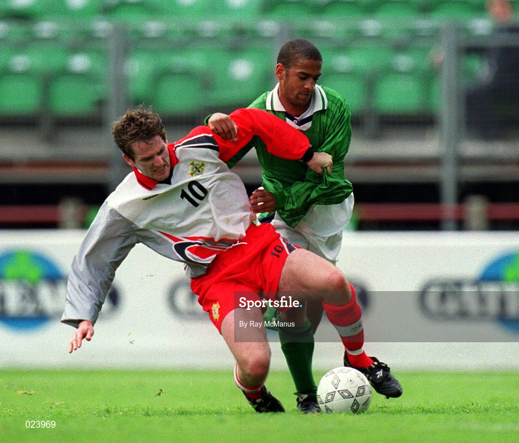 29 May 1999; Phil Babb of Republic of Ireland in action against James Quinn of Northern Ireland during the International Friendly match between Republic of Ireland and Northern Ireland at Lansdowne Road in Dublin. Photo by Ray McManus/Sportsfile