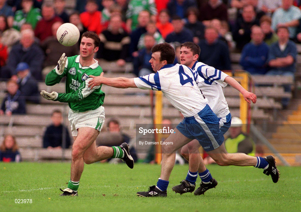 30 May 1999; Raymond Gallagher of Fermanagh in action against Noel Marron of Monaghan during the Bank of Ireland Ulster Senior Football Championship Preliminary Round match between Monaghan and Fermanagh at St Tiernach's Park in Clones, Monaghan. Photo by Damien Eagers/Sportsfile