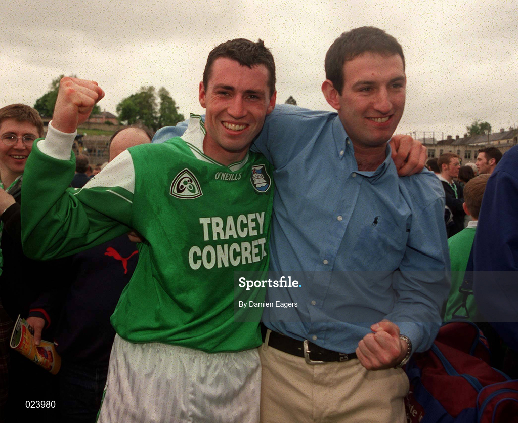 30 May 1999; Raymond Johnston of Fermanagh celebrates with supporters after the Bank of Ireland Ulster Senior Football Championship Preliminary Round match between Monaghan and Fermanagh at St Tiernach's Park in Clones, Monaghan. Photo by Damien Eagers/Sportsfile