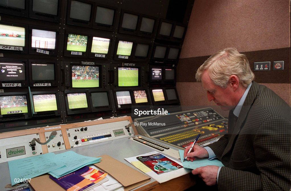 30 May 1999; Bill Lalor of RTÉ in the control room of the RTÉ Outside Broadcast Unit at the Guinness Munster Senior Hurling Championship Quarter-Final match between Limerick and Waterford at Páirc Uí Chaoimh in Cork. Photo by Ray McManus/Sportsfile