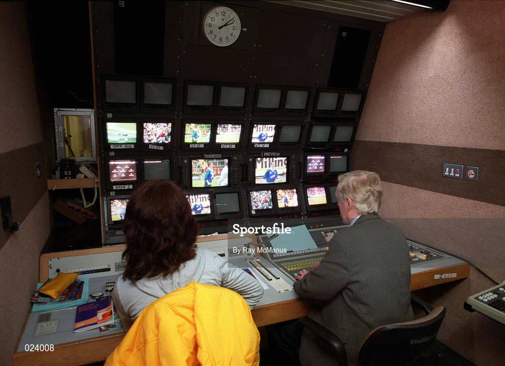 30 May 1999; The control room of the RTÉ Outside Broadcast Unit at the Guinness Munster Senior Hurling Championship Quarter-Final match between Limerick and Waterford at Páirc Uí Chaoimh in Cork. Photo by Ray McManus/Sportsfile