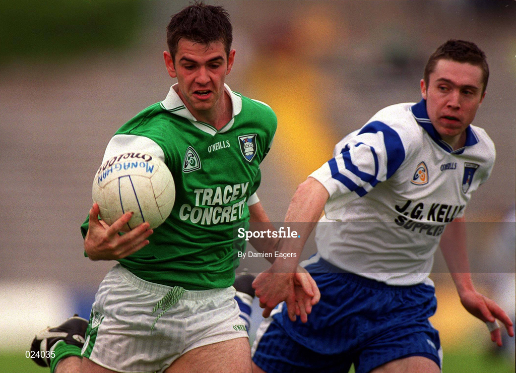 30 May 1999; Seán Quinn of Fermanagh in action against Dermot McDermott of Monaghan during the Bank of Ireland Ulster Senior Football Championship Preliminary Round match between Monaghan and Fermanagh at St Tiernach's Park in Clones, Monaghan. Photo by Damien Eagers/Sportsfile