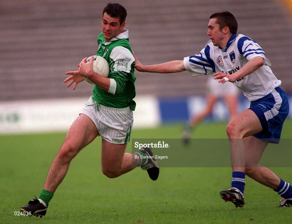 30 May 1999; Seán Quinn of Fermanagh in action against Dermort McDermott of Monaghan during the Bank of Ireland Ulster Senior Football Championship Preliminary Round match between Monaghan and Fermanagh at St Tiernach's Park in Clones, Monaghan. Photo by Damien Eagers/Sportsfile