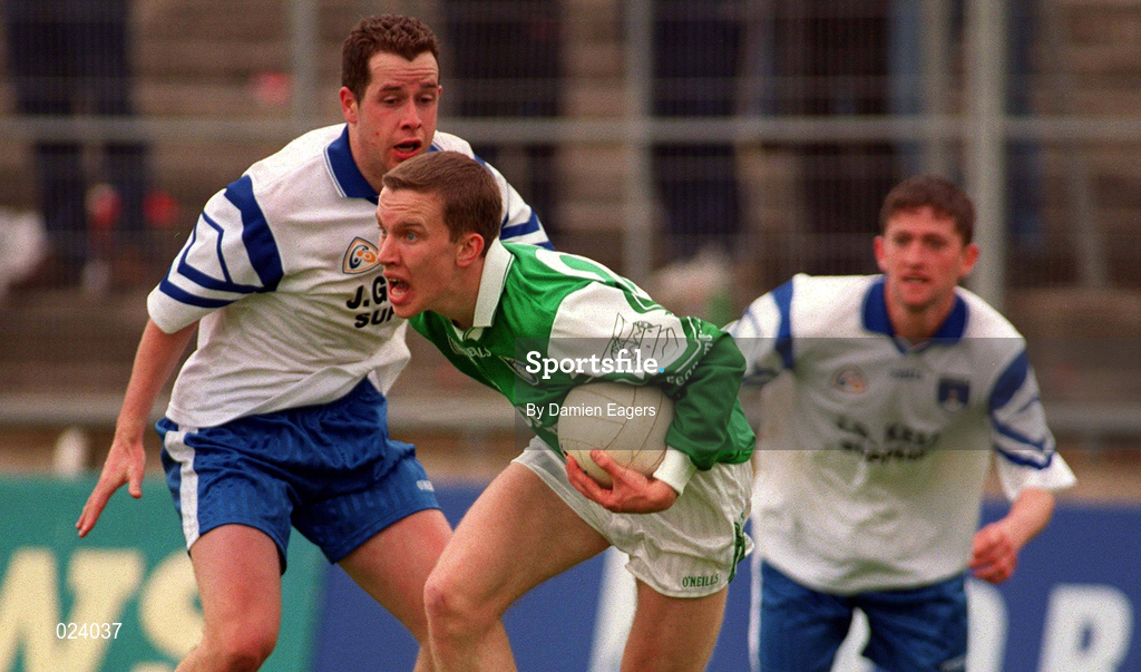 30 June 1999; Shane McDermott of Fermanagh in action against Edwin Murphy of Monaghan during the Bank of Ireland Ulster Senior Football Championship Preliminary Round match between Monaghan and Fermanagh at St Tiernach's Park in Clones, Monaghan. Photo by Damien Eagers/Sportsfile