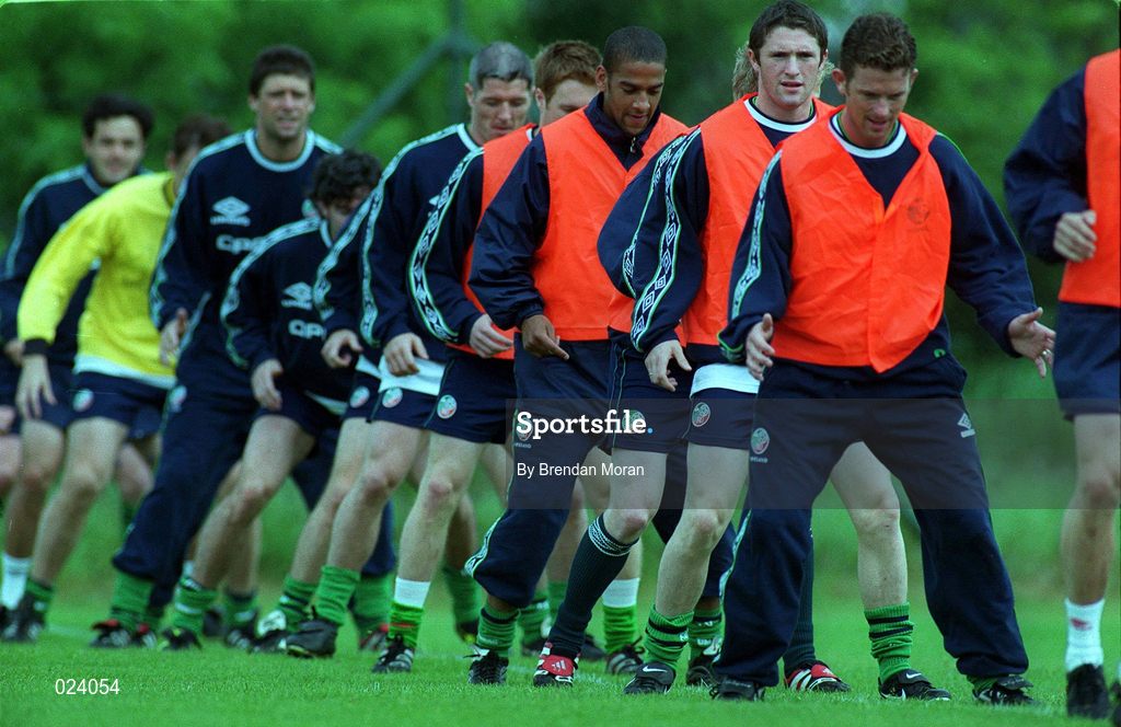 28 May 1999; Republic of Ireland players, from right, Mark Kinsella, Robbie Keane and Phil Babb during a Republic of Ireland training session at AUL Grounds in Clonshaugh, Dublin. Photo by Brendan Moran/Sportsfile