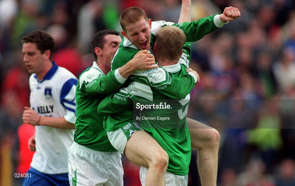30 June 1999; Fermanagh players, from left, Raymond Johnston, Tom Brewster, and Liam McBarron celebrate after the Bank of Ireland Ulster Senior Football Championship Preliminary Round match between Monaghan and Fermanagh at St Tiernach's Park in Clones, Monaghan. Photo by Damien Eagers/Sportsfile