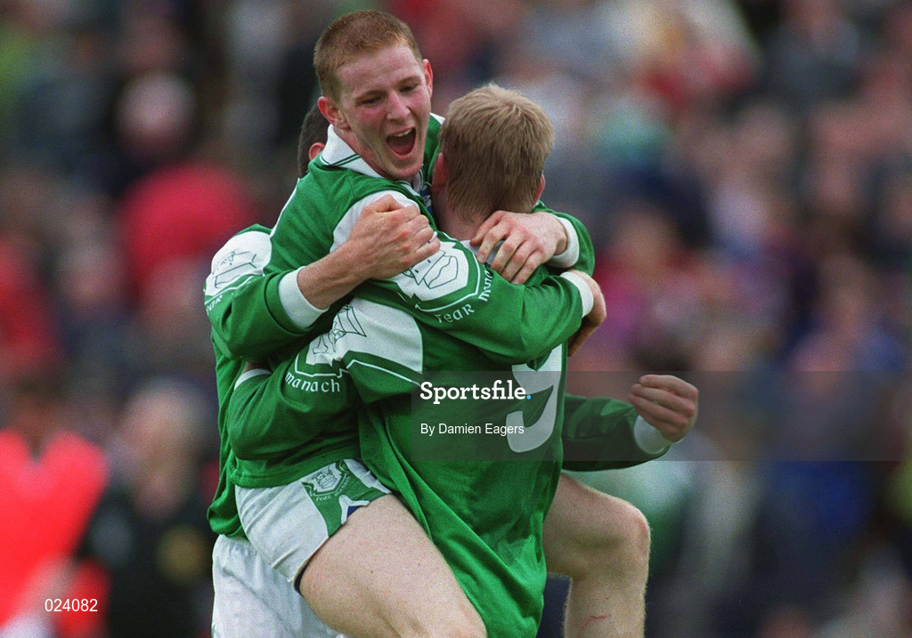 30 June 1999; Fermanagh players, from left, Raymond Johnston, Tom Brewster, and Liam McBarron celebrate after the Bank of Ireland Ulster Senior Football Championship Preliminary Round match between Monaghan and Fermanagh at St Tiernach's Park in Clones, Monaghan. Photo by Damien Eagers/Sportsfile