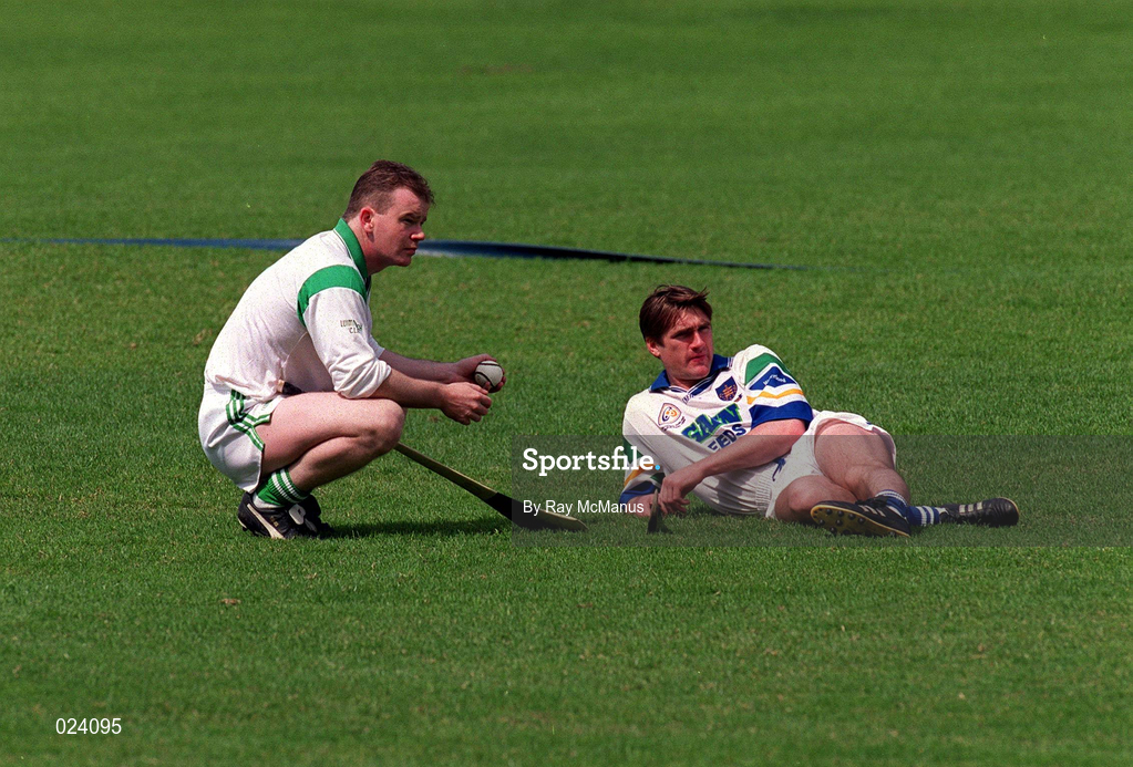 20 May 1999; Limerick hurler Joe Quaid, left, and Waterford hurler Tony Browne in attendance at the announcement by Guinness Ireland of their continued sponsorship of the All Ireland Hurling Championship at Croke Park, Dublin. Photo by Ray McManus/Sportsfile