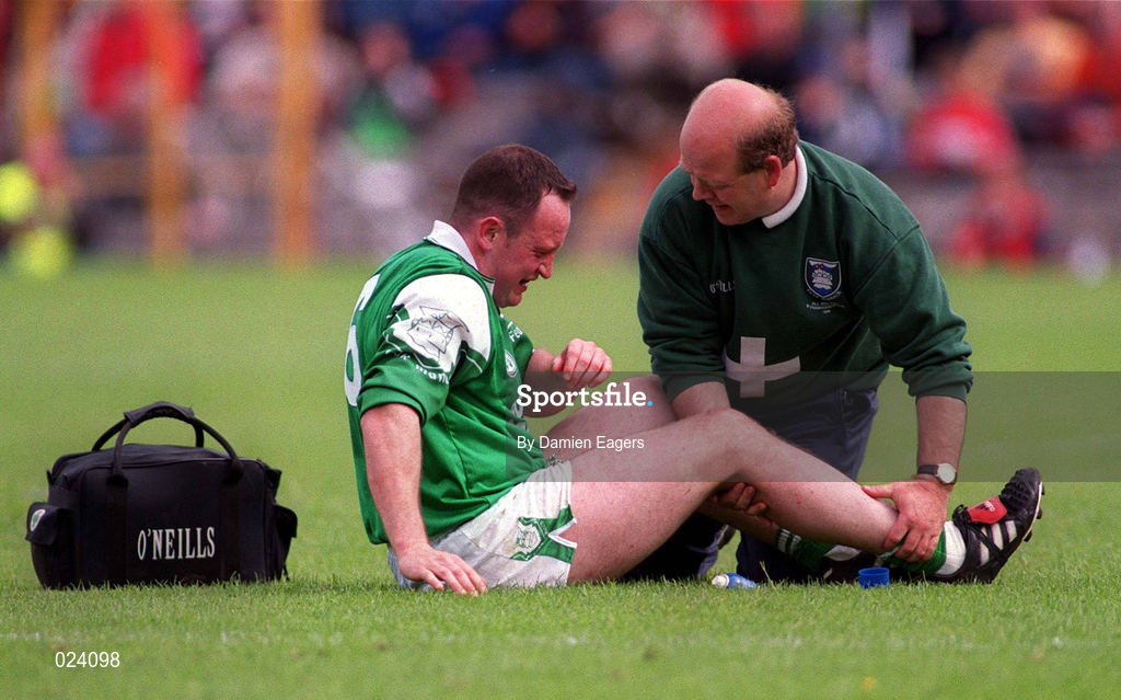 30 May 1999; Tony Collins of Fermanagh is attended to by the Fermangh physio during the Bank of Ireland Ulster Senior Football Championship Preliminary Round match between Monaghan and Fermanagh at St Tiernach's Park in Clones, Monaghan. Photo by Damien Eagers/Sportsfile