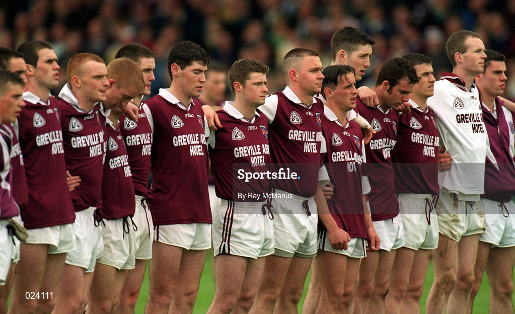 15 May 1999; The Westmeath team line up together Amhrán na bhFiann before the All-Ireland U21 Football Championship Final match at the Gaelic Grounds in Limerick. Photo by Ray McManus/Sportsfile