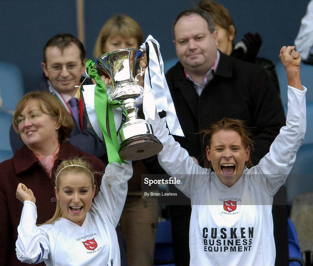 4 December 2005; Dundalk captain and player of the match Tara Nevin, left, lifts the cup with team-mate Mairead Nixon. WFAI Cup Final, Lansdowne Road, Dublin. Picture credit: Brian Lawless / SPORTSFILE
