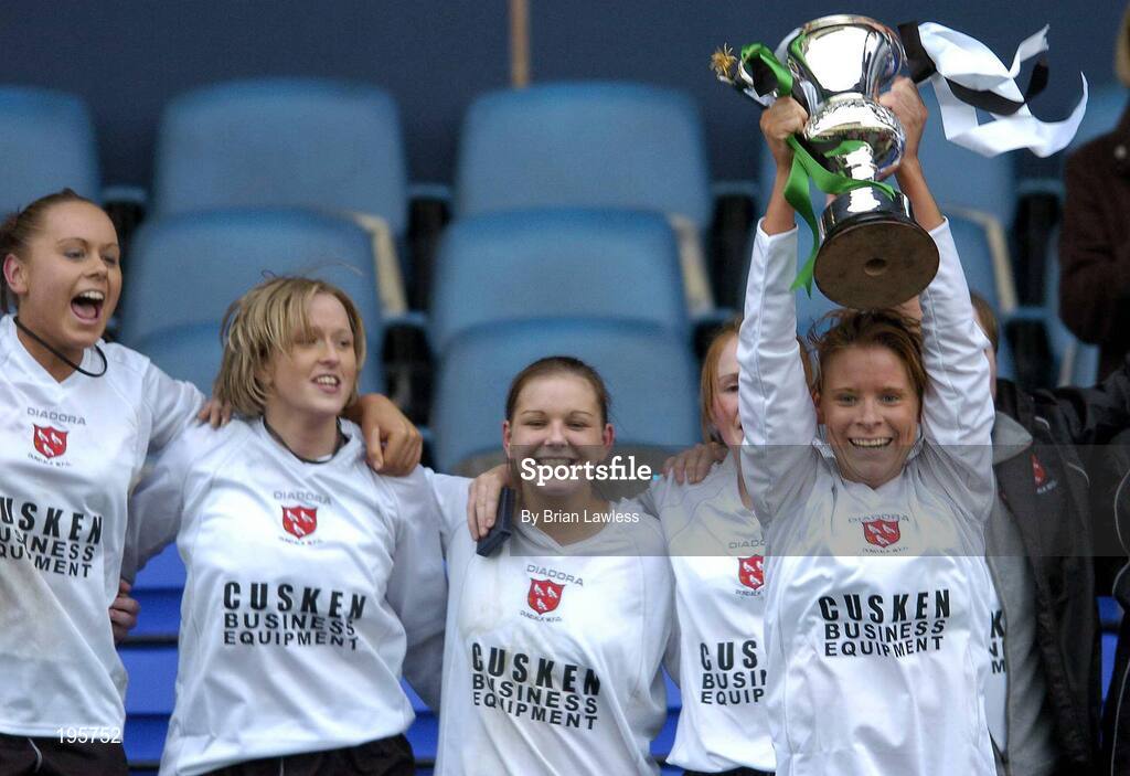 4 December 2005; Dundalk's Mairead Nixon celebrates with the cup. WFAI Cup Final, Lansdowne Road, Dublin. Picture credit: Brian Lawless / SPORTSFILE