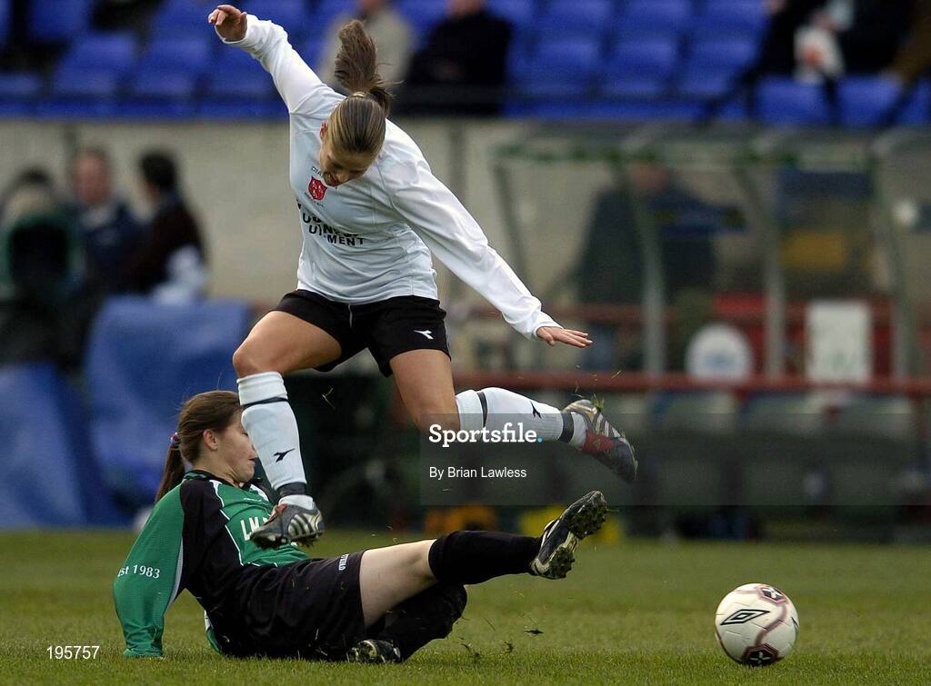 4 December 2005; Sharon Dromgoole, Dundalk, in action against Katie Taylor, Peamount United. WFAI Cup Final, Lansdowne Road, Dublin. Picture credit: Brian Lawless / SPORTSFILE