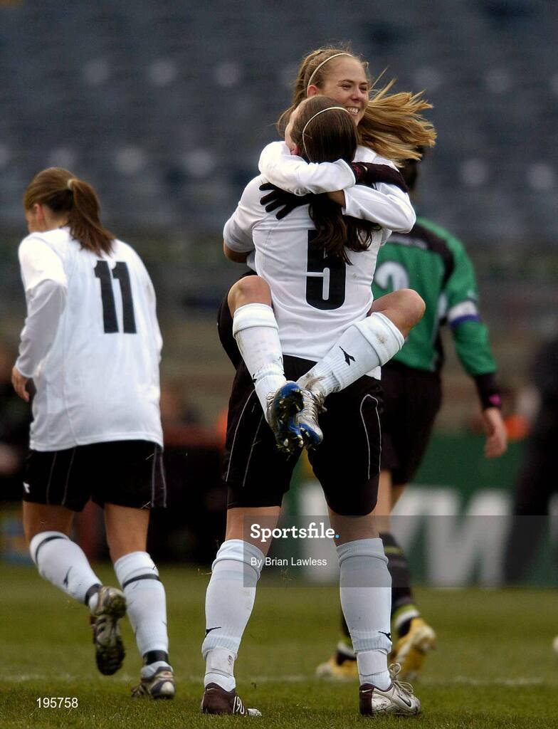 4 December 2005; Sonia Hoey, Dundalk, celebrates with team-mate Bronagh Malone after scoring her sides winning goal. WFAI Cup Final, Lansdowne Road, Dublin. Picture credit: Brian Lawless / SPORTSFILE