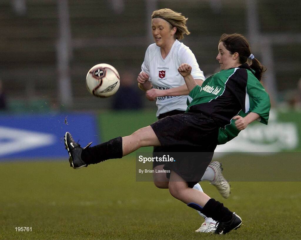 4 December 2005; Sandra Mulhall, Peamount United, in action against Claire Riordan, Dundalk. WFAI Cup Final, Lansdowne Road, Dublin. Picture credit: Brian Lawless / SPORTSFILE