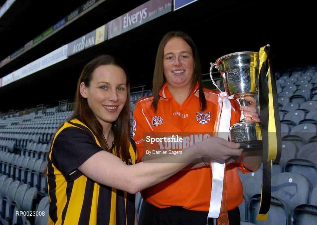 29 November 2005; Abbeydorney, Kerry, captain Edel O'Connell, left, and Clann Eireann, Armagh, captain Denise Hagan at a photocall ahead of the Intermediate Ladies Club Final which will take place on Sunday, 4th December, Croke Park, Dublin. Picture credit: Damien Eagers / SPORTSFILE