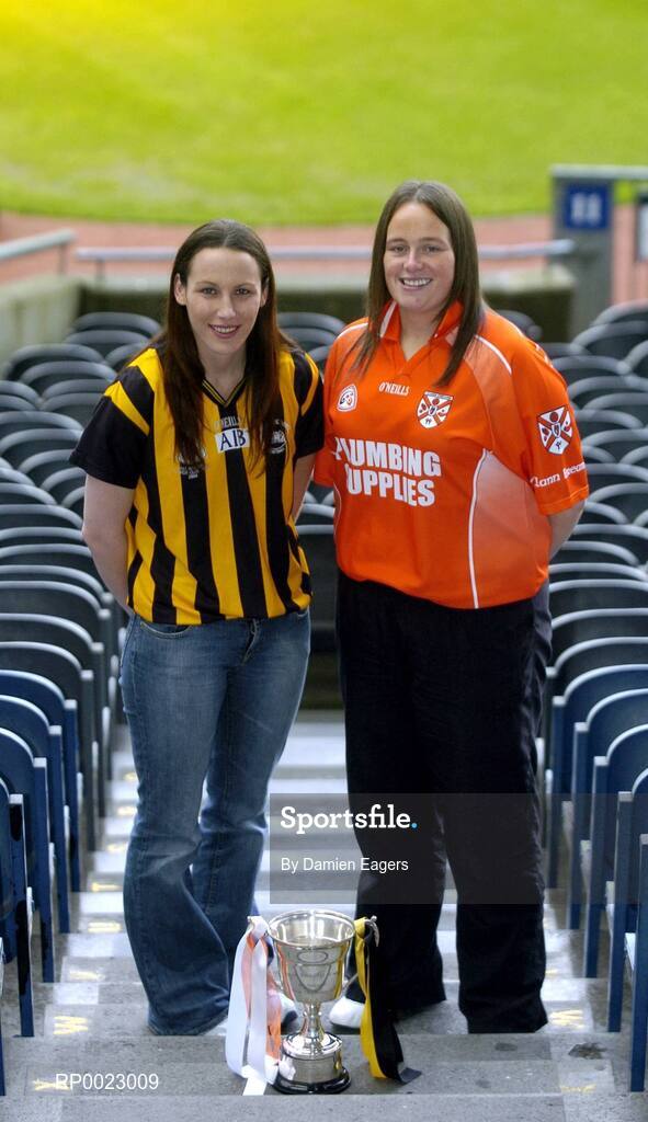 29 November 2005; Abbeydorney, Kerry, captain Edel O'Connell, left and Clann Eireann, Armagh, captain Denise Hagan at a photocall ahead of the Intermediate Ladies Club Final which will take place on Sunday, 4th December, Croke Park, Dublin. Picture credit: Damien Eagers / SPORTSFILE