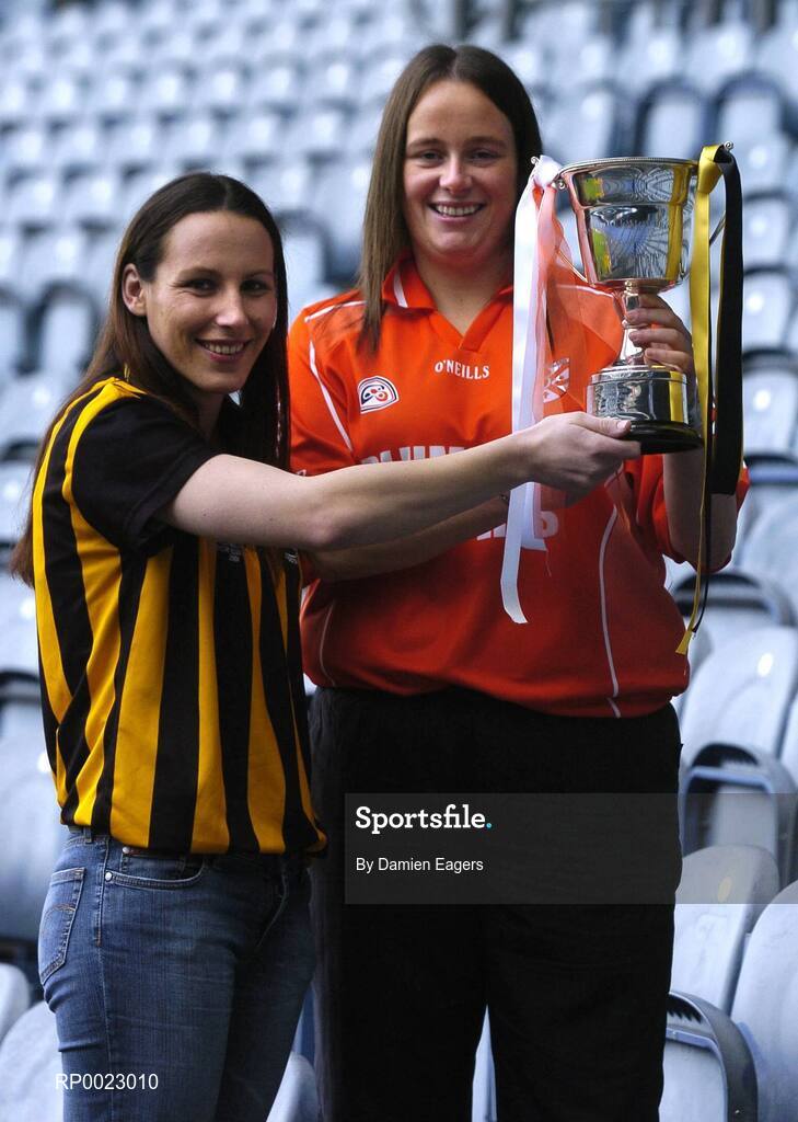 29 November 2005; Abbeydorney, Kerry, captain Edel O'Connell, left, and Clann Eireann, Armagh, captain Denise Hagan at a photocall ahead of the Intermediate Ladies Club Final which will take place on Sunday, next 4th December, Croke Park, Dublin. Picture credit: Damien Eagers / SPORTSFILE