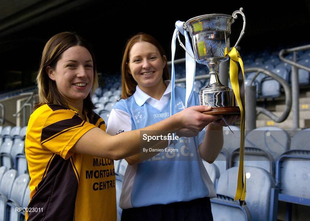 29 November 2005; Mourneabbey, Cork, captain Eva O'Donoghue, left, and Athgarvan, captain Aisling Lambe at a photocall ahead of the Junior Ladies Club Final which will take place on Sunday, next 4th December, Croke Park, Dublin. Picture credit: Damien Eagers / SPORTSFILE
