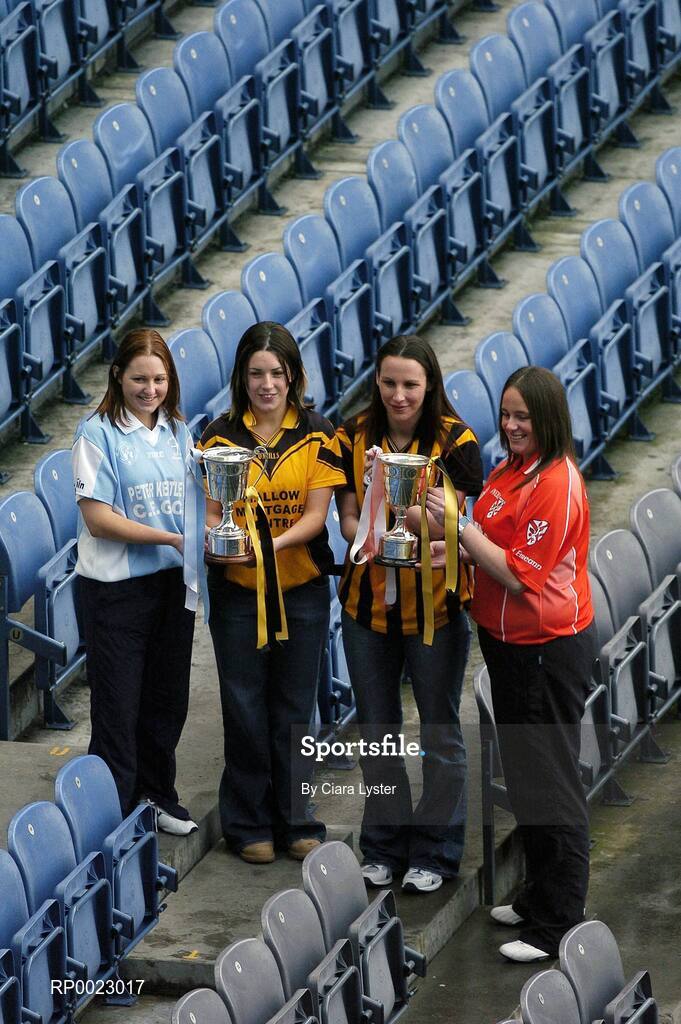 29 November 2005; Junior captains, Aisling Lambe, left, Athgarvan, Kildare and Eva O'Donoghue, second from left, Mourneabbey, Cork with Intermediate captains Edel O'Connell, second from right, Abbeydorney, Kerry and Denise Hagan, Clann Eireann, Armagh, at a photocall ahead of the Intermediate and Junior Ladies Club Finals which will take place on Sunday, next 4th December, Croke Park, Dublin. Picture credit: Ciara Lyster / SPORTSFILE