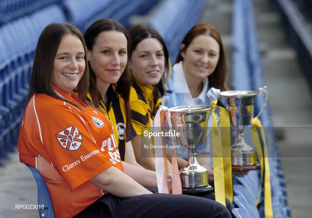 29 November 2005; Intermediate captains Denise Hagan, left, Clann Eireann, Armagh and Edel O'Connell, second from left, Abbeydorney, Kerry and Junior captains Eva O'Donoghue, second from right, Mourneabbey, Cork and Aisling Lambe, right, Athgarvan, Kildare at a photocall ahead of the Intermediate and Junior Ladies Club Finals which will take place on Sunday, next 4th December, Croke Park, Dublin. Picture credit: Damien Eagers / SPORTSFILE
