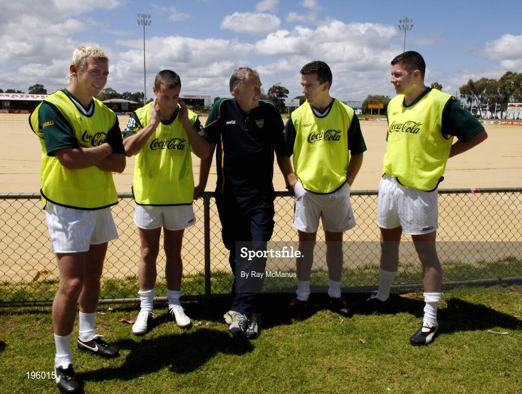 18 October 2005; Dr. Con Murphy with from left Owen Mulligan, Philip Jordan, Padraic Joyce and Sean Cavanagh after a training session, at the Mandurah Football and Sports Club, in advance of the Fosters International Rules game between Australia and Ireland. Mandurah Football and Sports Club, Mandurah, Perth, Western Australia. Picture credit; Ray McManus / SPORTSFILE