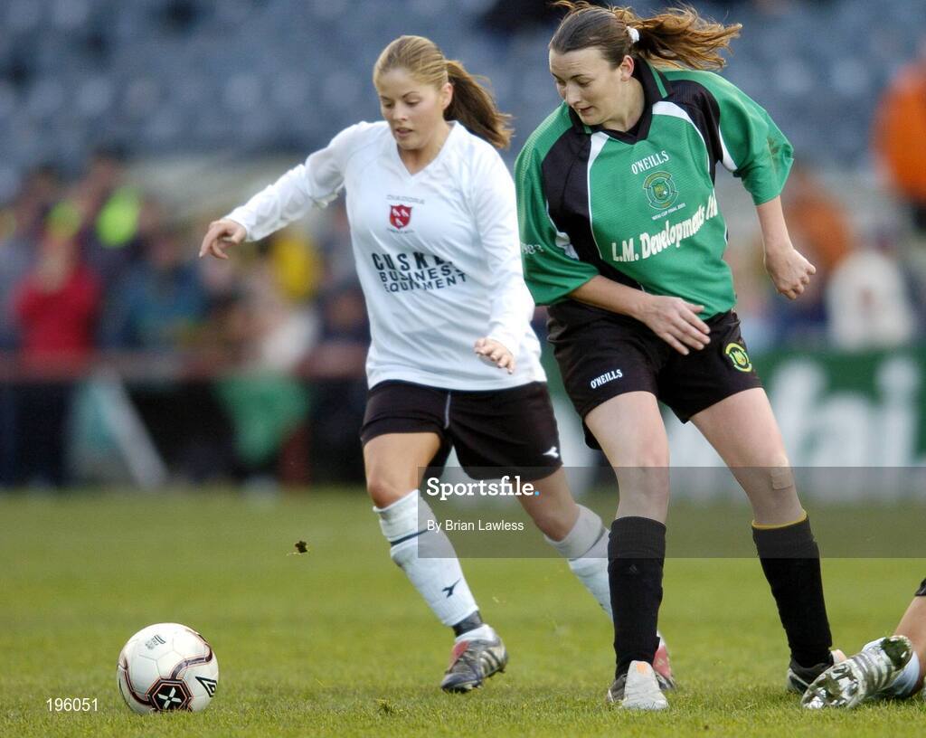 4 December 2005; Laura O'Connor, Peamount United, in action against Sharon Dromgoole, Dundalk. WFAI Cup Final, Lansdowne Road, Dublin. Picture credit: Brian Lawless / SPORTSFILE