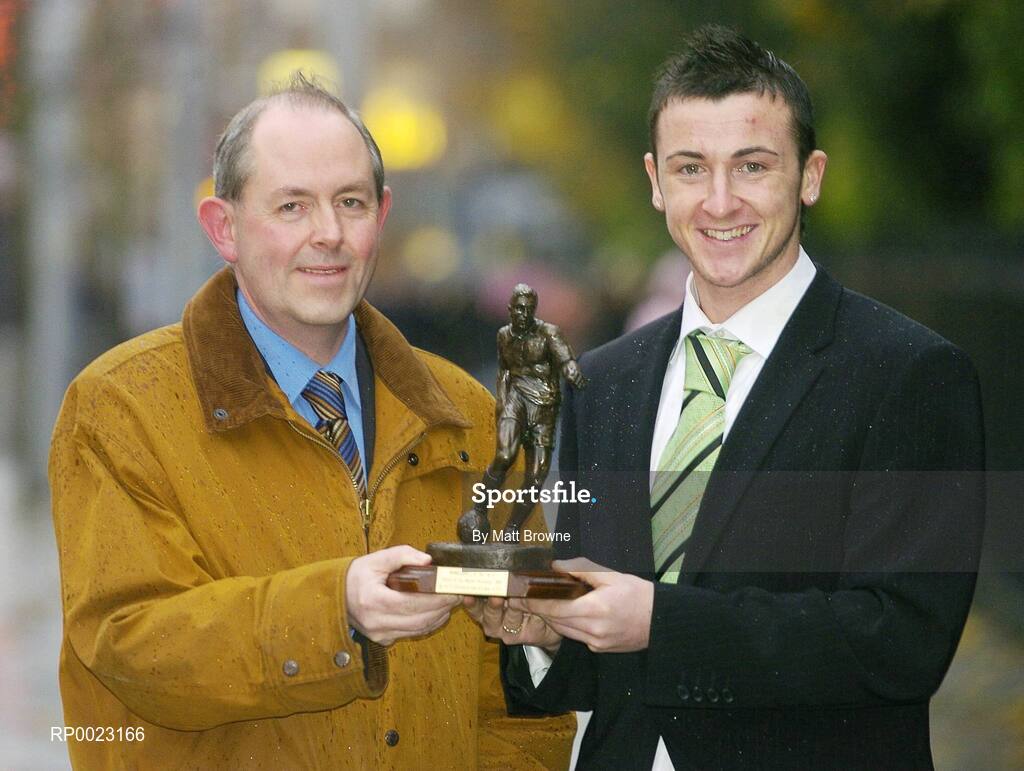 7 December 2005; Roy O'Donovan, Cork City, who was presented with the eircom / Soccer Writers Association of Ireland Player of the Month award for November by Padraig Corkery, Head of Sponsorship with eircom. Baggot Street, Dublin. Picture credit: Matt Browne / SPORTSFILE