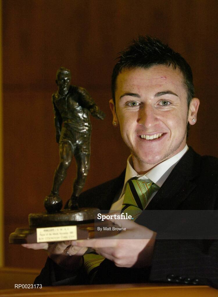 7 December 2005; Roy O'Donovan, Cork City, who was presented with the eircom / Soccer Writers Association of Ireland Player of the Month award for November. Baggot Street, Dublin. Picture credit: Matt Browne / SPORTSFILE