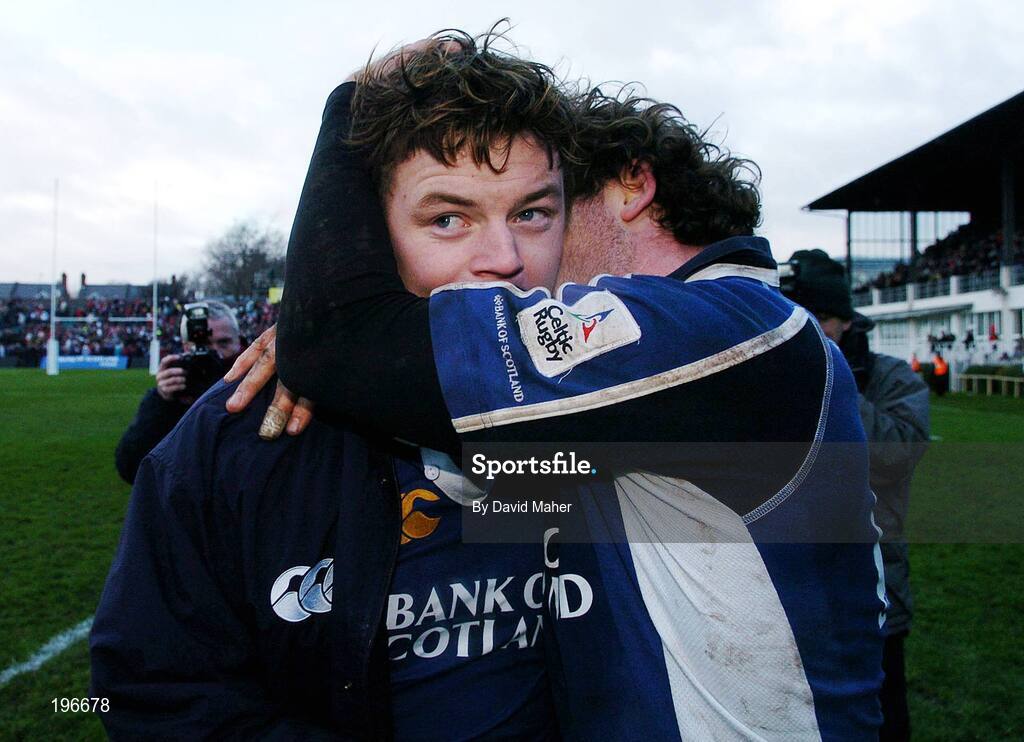 31 December 2005; Brian O'Driscoll, Leinster, celebrates at the end of the game with team-mate Gordon D'Arcy. Celtic League 2005-2006, Group A, Leinster v Munster, RDS, Dublin. Picture credit: David Maher / SPORTSFILE