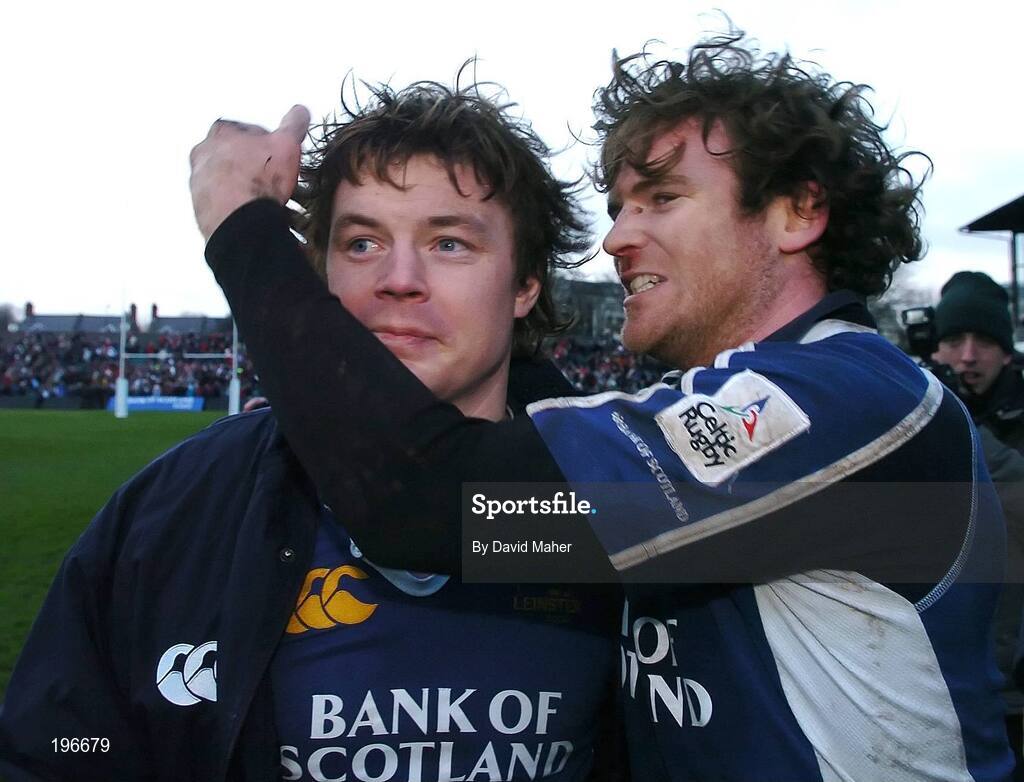 31 December 2005; Brian O'Driscoll, Leinster, celebrates at the end of the game with team-mate Gordon D'Arcy, right. Celtic League 2005-2006, Group A, Leinster v Munster, RDS, Dublin. Picture credit: David Maher / SPORTSFILE