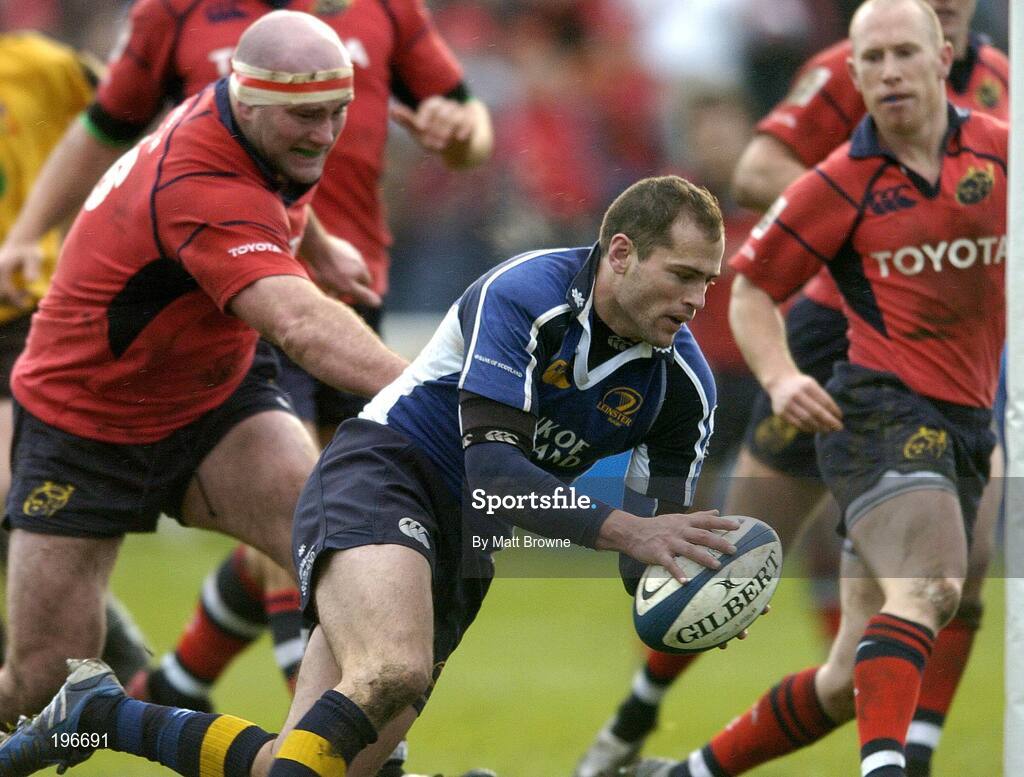 31 December 2005; Felipe Contepomi, Leinster, goes over for his first try against Munster despite the tackle of John Hayes. Celtic League 2005-2006, Group A, Leinster v Munster, RDS, Dublin. Picture credit: Matt Browne / SPORTSFILE