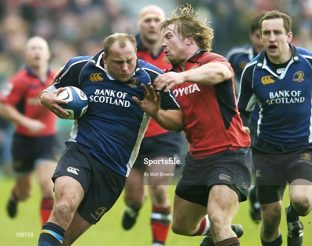 31 December 2005; Will Green, Leinster, is tackled by Jerry Flannery, Munster. Celtic League 2005-2006, Group A, Leinster v Munster, RDS, Dublin. Picture credit: Matt Browne / SPORTSFILE