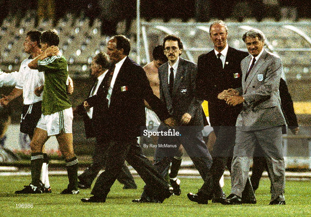 11 June 1990; England manager Bobby Robson, right, shakes hands with Republic of Ireland manager Jack Charlton following the FIFA World Cup 1990 Group F match between England and Republic of Ireland at Stadio Sant'Elia in Cagliari, Italy. Photo by Ray McManus/Sportsfile