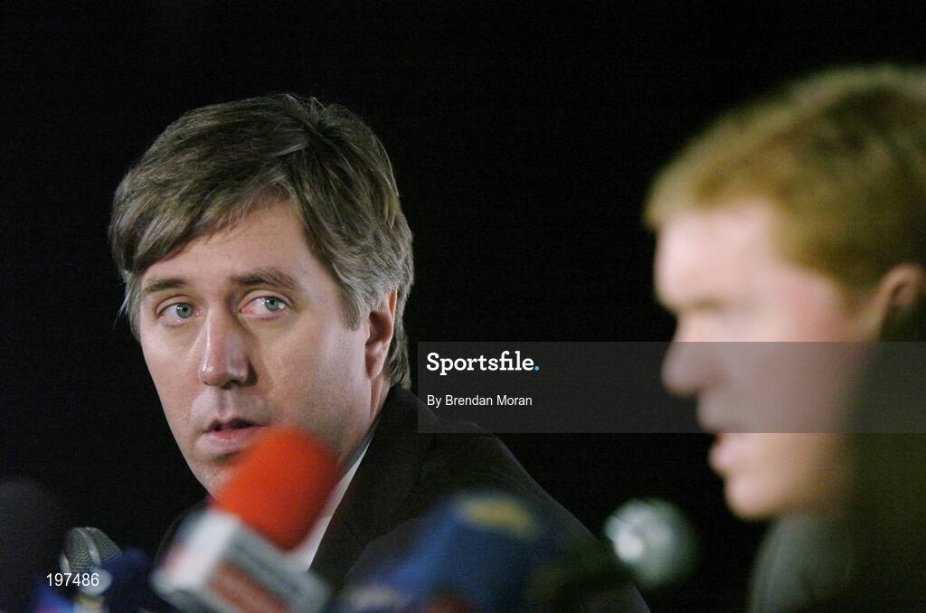 16 January 2006; FAI Chief Executive John Delaney watches as Steve Staunton speaks to the media at an FAI press conference to confirm his appointment as the new Manager of the Republic of Ireland Senior International Soccer Team. Mansion House, Dublin. Picture credit: Brendan Moran / SPORTSFILE